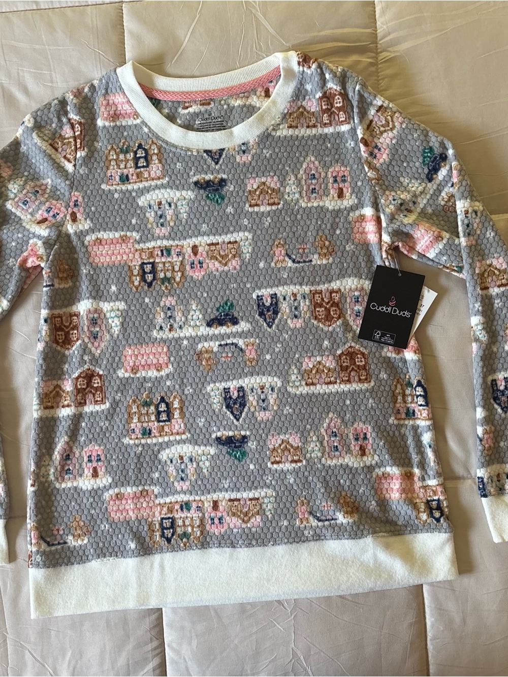 Cuddl Duds Girls' Gray Pullover Sweatshirt with Pink, Cream & Brown Townscape